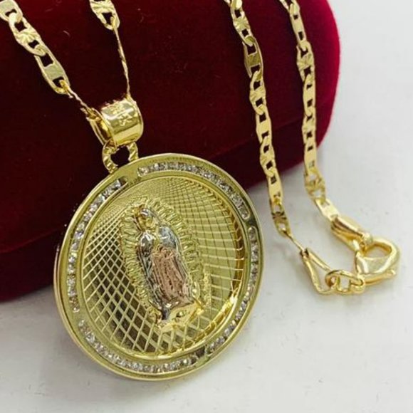 14K Gold Filled Virgen de Guadalupe Necklace Medalla Tres Oros 16" for Boy Girls - Picture 1 of 8